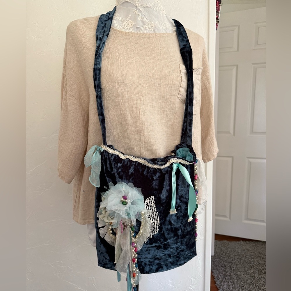 Handmade Blue Crushed Velvet Crossbody Bag